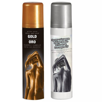 Guirca Haarspray/bodypaint spray - 2x kleuren - goud en zilver - 75 ml - Verkleedhaarkleuring