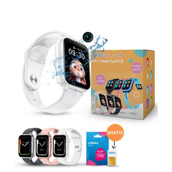 KidWorld Smartwatch Kinderen Wit Met gratis Lebara simkaart incl. €15 beltegoed en 50MB GPS IP67 Waterdicht