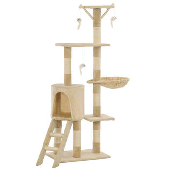 The Living Store Kattenkrabpaal - Beige - 138 cm - 49 x 35 cm - Met muizenspeeltjes - Met ladder - huis