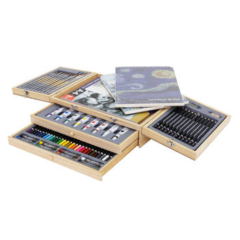 Houten schilderskoffer 85-delig met penselen, potloden, acrylverf en schetsblokjes
