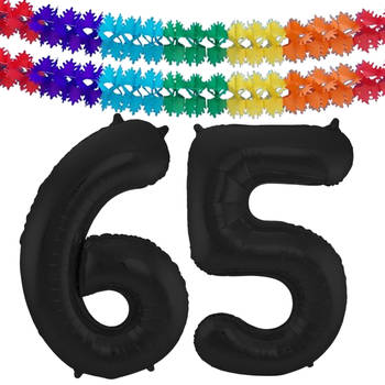 Leeftijd feestartikelen/versiering grote folie ballonnen 65 jaar zwart 86 cm + slingers - Ballonnen