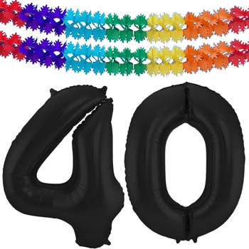 Leeftijd feestartikelen/versiering grote folie ballonnen 40 jaar zwart 86 cm + slingers - Ballonnen
