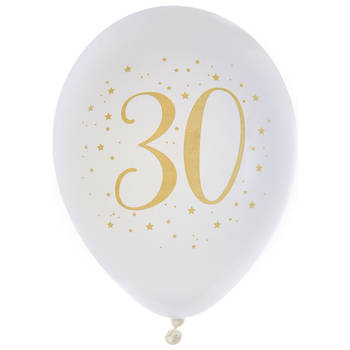 Santex verjaardag leeftijd ballonnen 30 jaar - 8x stuks - wit/goud - 23 cmA - Feestartikelen - Ballonnen