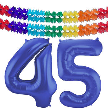Leeftijd feestartikelen/versiering grote folie ballonnen 45 jaar paars 86 cm + slingers - Ballonnen