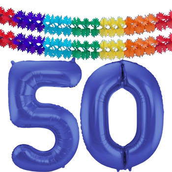 Leeftijd feestartikelen/versiering grote folie ballonnen 50 jaar paars 86 cm + slingers - Ballonnen