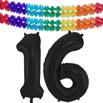 Leeftijd feestartikelen/versiering grote folie ballonnen 16 jaar zwart 86 cm + slingers - Ballonnen