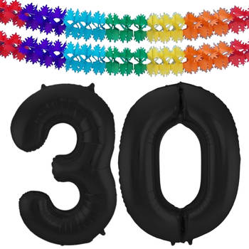 Leeftijd feestartikelen/versiering grote folie ballonnen 30 jaar zwart 86 cm + slingers - Ballonnen