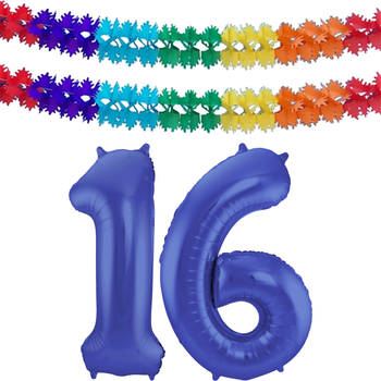 Leeftijd feestartikelen/versiering grote folie ballonnen 16 jaar paars 86 cm + slingers - Ballonnen