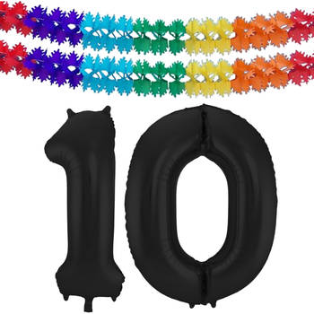 Leeftijd feestartikelen/versiering grote folie ballonnen 10 jaar zwart 86 cm + slingers - Ballonnen