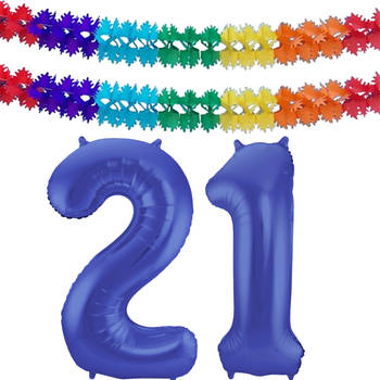 Leeftijd feestartikelen/versiering grote folie ballonnen 21 jaar paars 86 cm + slingers - Ballonnen