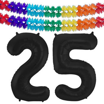 Leeftijd feestartikelen/versiering grote folie ballonnen 25 jaar zwart 86 cm + slingers - Ballonnen