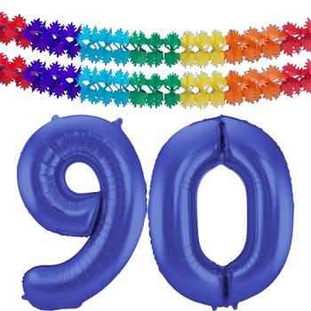 Leeftijd feestartikelen/versiering grote folie ballonnen 90 jaar paars 86 cm + slingers - Ballonnen