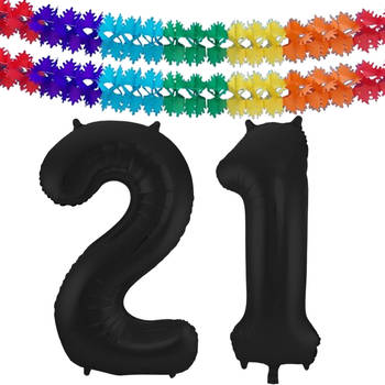 Leeftijd feestartikelen/versiering grote folie ballonnen 21 jaar zwart 86 cm + slingers - Ballonnen
