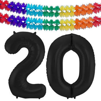 Leeftijd feestartikelen/versiering grote folie ballonnen 20 jaar zwart 86 cm + slingers - Ballonnen