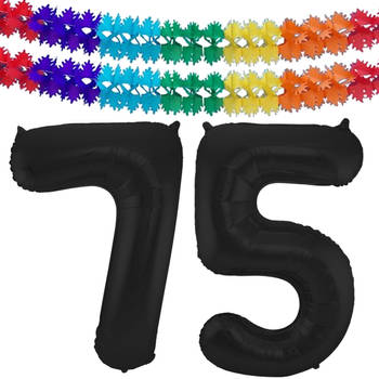 Leeftijd feestartikelen/versiering grote folie ballonnen 75 jaar zwart 86 cm + slingers - Ballonnen