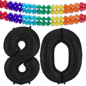 Leeftijd feestartikelen/versiering grote folie ballonnen 80 jaar zwart 86 cm + slingers - Ballonnen