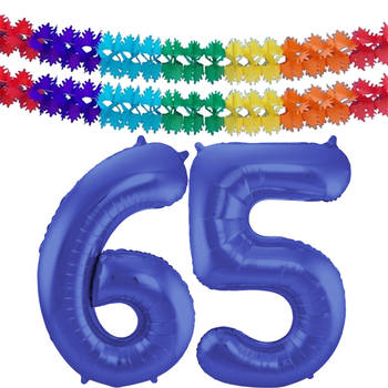 Leeftijd feestartikelen/versiering grote folie ballonnen 65 jaar paars 86 cm + slingers - Ballonnen