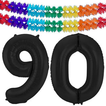 Leeftijd feestartikelen/versiering grote folie ballonnen 90 jaar zwart 86 cm + slingers - Ballonnen