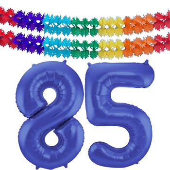 Leeftijd feestartikelen/versiering grote folie ballonnen 85 jaar paars 86 cm + slingers - Ballonnen