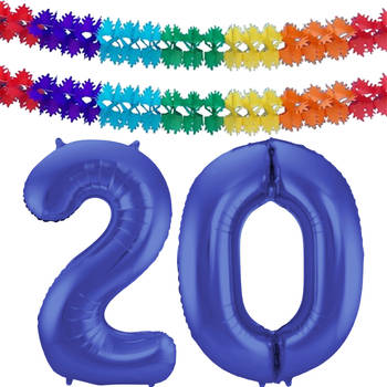 Leeftijd feestartikelen/versiering grote folie ballonnen 20 jaar paars 86 cm + slingers - Ballonnen