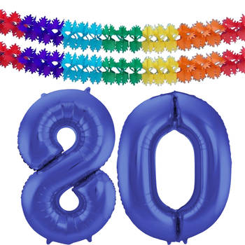 Leeftijd feestartikelen/versiering grote folie ballonnen 80 jaar paars 86 cm + slingers - Ballonnen