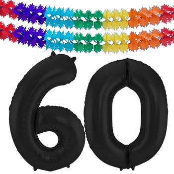 Leeftijd feestartikelen/versiering grote folie ballonnen 60 jaar zwart 86 cm + slingers - Ballonnen