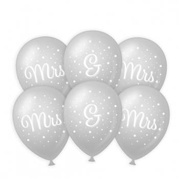 6x stuks Mrs. & Mrs. huwelijks feest ballonnen - zilver/wit - latex - ca 30 cm - Ballonnen