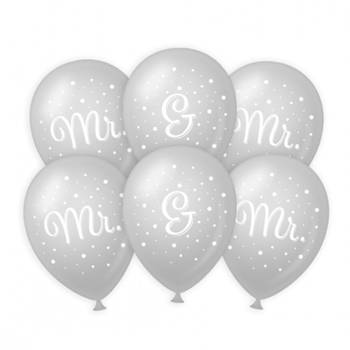 6x stuks Mr. & Mr. huwelijks feest ballonnen - zilver/wit - latex - ca 30 cm - Ballonnen