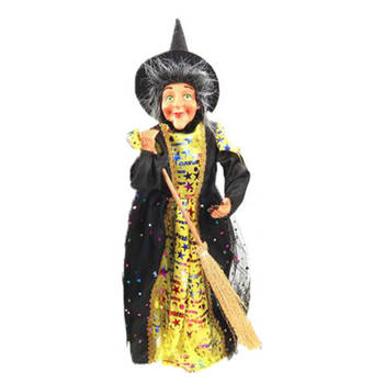 Creation decoratie heksen pop - staand - 42 cm - zwart/geel - Halloween versiering - Halloween poppen