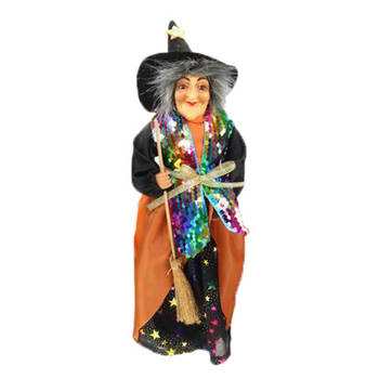 Creation decoratie heksen pop - staand - 30 cm - zwart/oranje - Halloween versiering - Halloween poppen