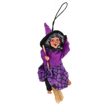 Creation decoratie heksen pop - vliegend op bezem - 10 cm - zwart/paars - Halloween versiering - Halloween poppen