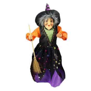 Creation decoratie heksen pop - staand - 35 cm - zwart/paars - Halloween versiering - Halloween poppen