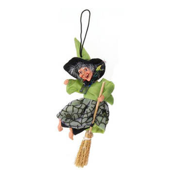 Creation decoratie heksen pop - vliegend op bezem - 10 cm - zwart/groen - Halloween versiering - Halloween poppen