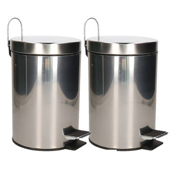 Pedaalemmer/prullenbak/vuilnisbak - 2x - 3 liter - zilver - RVS - 17 x 25 cmA - Pedaalemmers