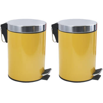 MSV Prullenbak/pedaalemmer - 2x - metaal - saffraan geel - 3 liter - 17 x 25 cm - Badkamer/toilet - Pedaalemmers