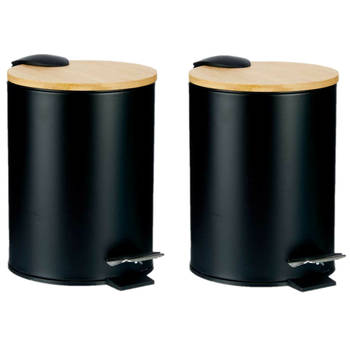 Berilo Prullenbak/pedaalemmer - 2x - zwart - 3 liter - metaal/bamboe - 17 x 23,5 cm - Pedaalemmers