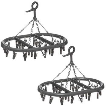 Set van 2x stuks droogcarrousel/droogmolen zwart met 24 knijpers 45 x 33 cm van kunststof - Hangdroogrek