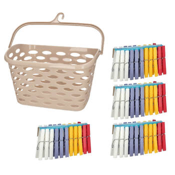 Wasknijpers ophangmandje met haak - beige - en 96x gekleurde wasknijpers van 7,5 cm - knijperszakken