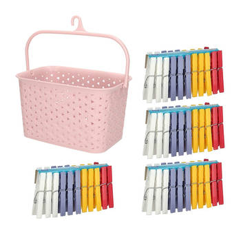 Wasknijpers ophangmandje met haak - roze - en 96x gekleurde wasknijpers van 8 cm - knijperszakken
