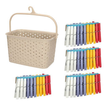 Wasknijpers ophangmandje met haak - beige - en 96x gekleurde wasknijpers van 7,5 cm - knijperszakken