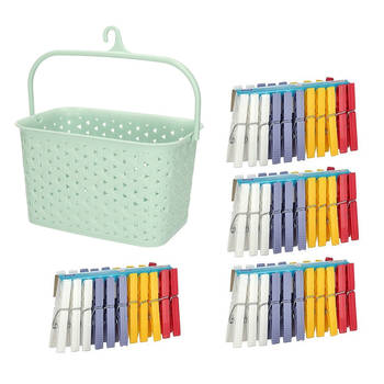 Wasknijpers ophangmandje met haak - mintgroen - en 96x gekleurde wasknijpers van 7,5 cm - knijperszakken