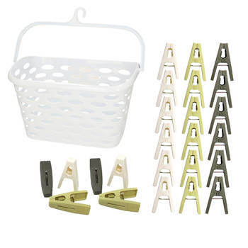 Wasknijpers ophangmandje met haak - wit - en 80x gekleurde wasknijpers van 6 cm - knijperszakken