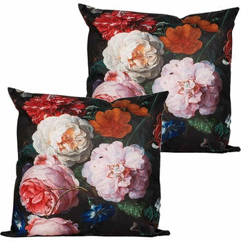 Anna's collection buitenkussen bloem - 2x - zwart/roze - 45 x 45 cm - tuinstoelkussens