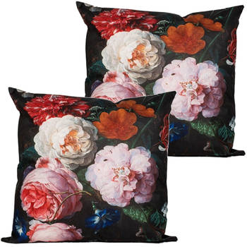 Anna's collection buitenkussen bloem - 2x - roze/zwart - 60 x 60 cm - tuinstoelkussens