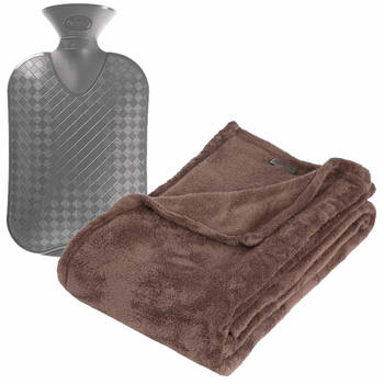 Fleece deken/plaid Mahonie Bruin 125 x 150 cm en een warmwater kruik 2 liter - Plaids