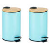 Berilo Prullenbak/pedaalemmer - 2x - turquoise blauw - 3 liter - metaal/bamboe - 17 x 23,5 cm - Pedaalemmers