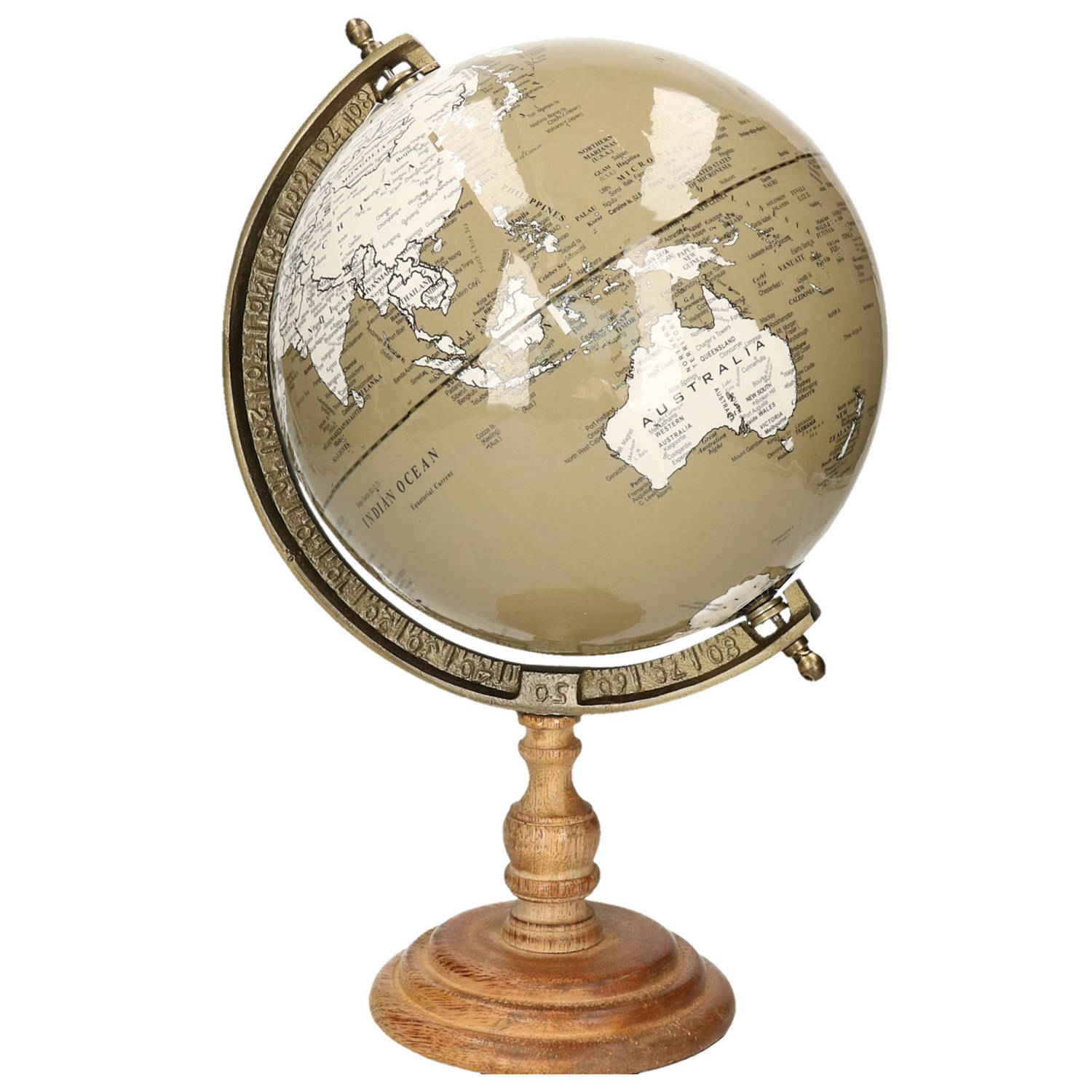 Items Deco Wereldbol-globe Op Voet Kunststof Taupe 22 X 33 Cm
