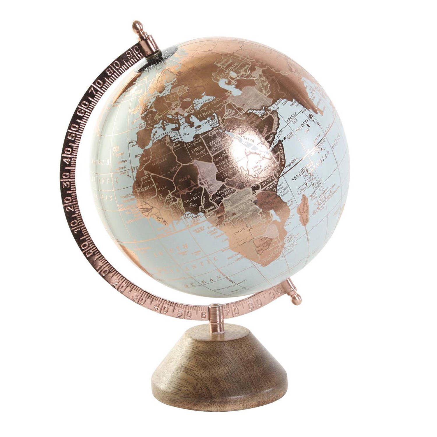 Items Deco Wereldbol-globe op voet kunststof blauw-rose goud home decoratie artikel D20 x H30 cm Wer