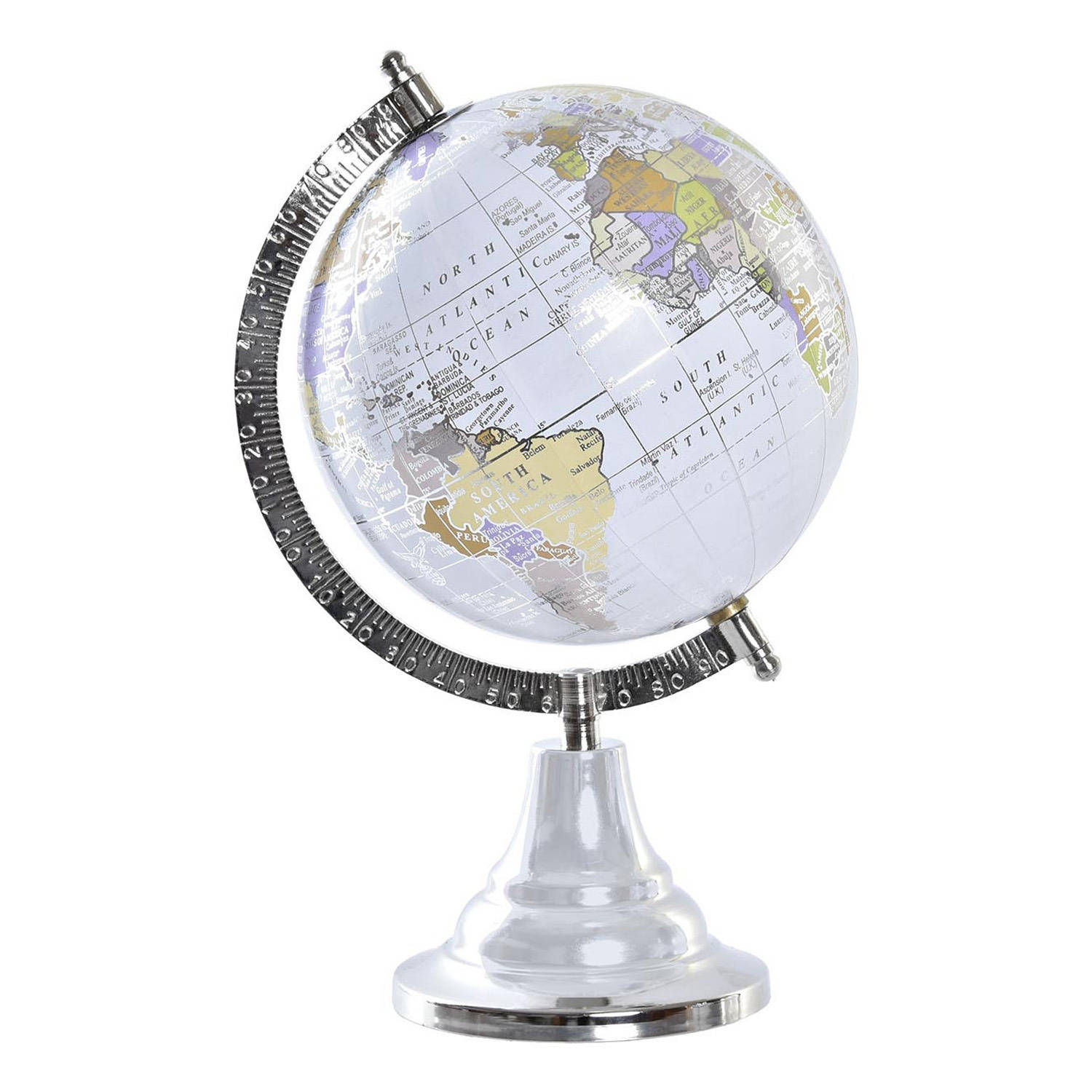 Items Deco Wereldbol-globe op voet kunststof grijs-zilver home decoratie artikel D15 x H28 cm Wereld
