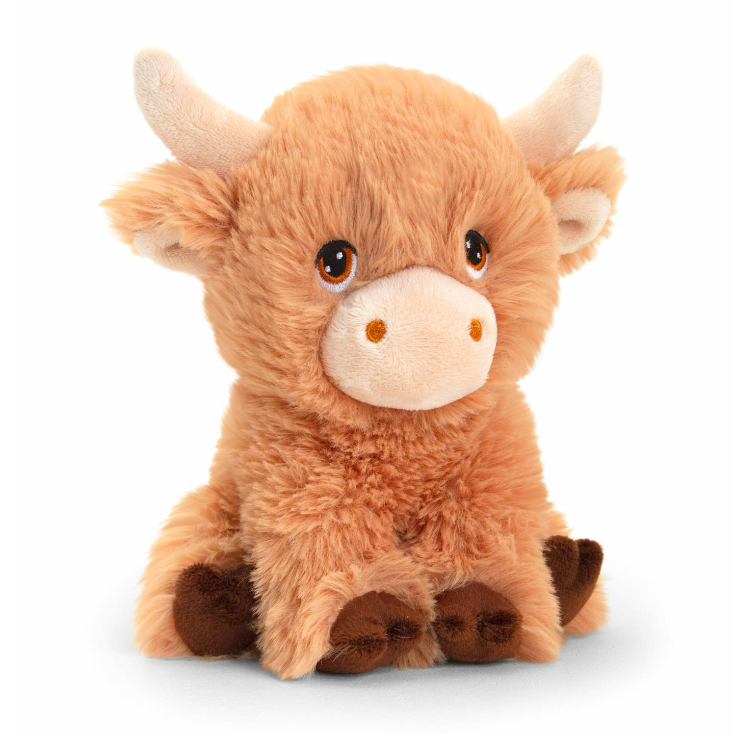 Keel Toys pluche koe met hoorns knuffeldier - bruin - zittend - 18 cm - Luxe Eco kwaliteit knuffels
